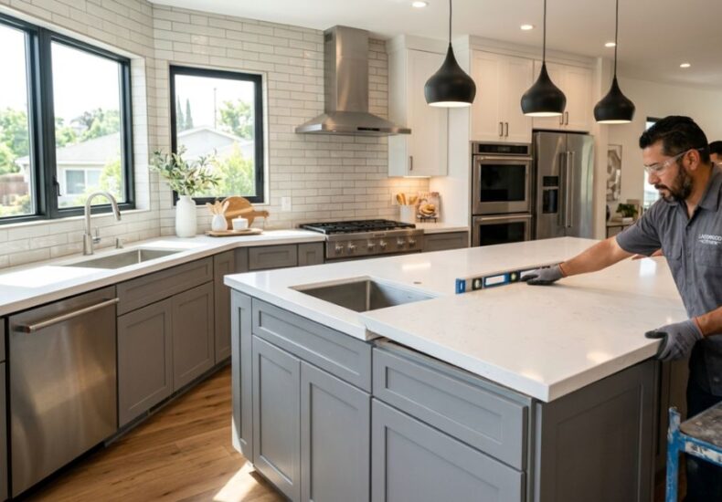 Countertop installation in Lakewood, CA with two contractors installing a white countertop on a gray kitchen island, carefully checking the level for an accurate fit.